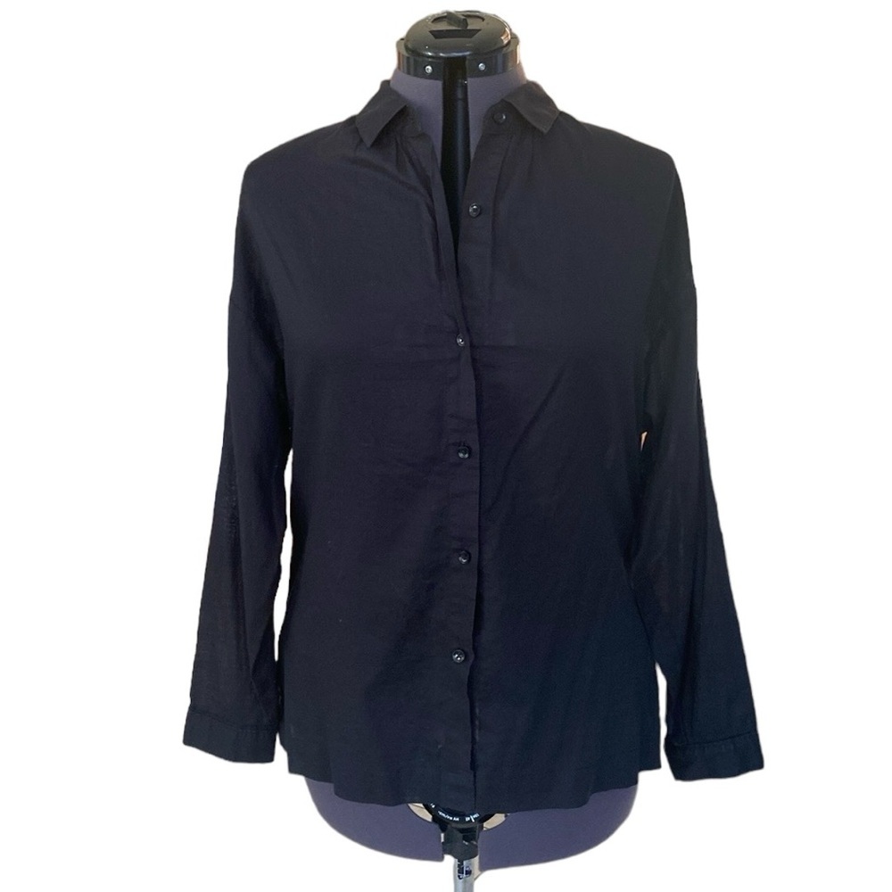 LOFT Womens Size S Shirt Blouse Top Black Collar Classic Neck Long Sleeve Cotton